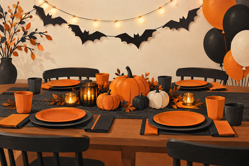 Turuncu ve siyah tabaklar, bardaklar ve balkabağı detaylarıyla Halloween parti masası illüstrasyonu