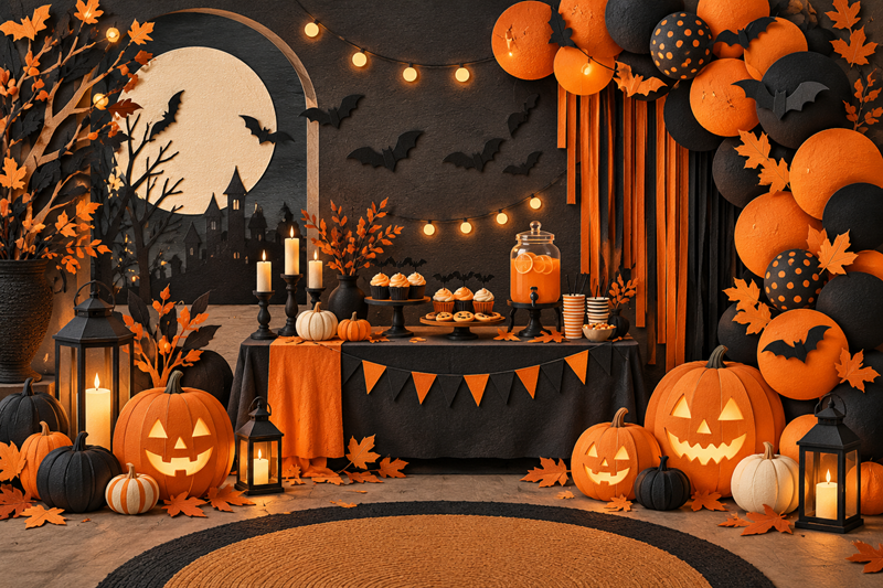 Turuncu ve siyah balonlar, balkabakları ve yarasa figürleriyle Halloween parti köşesi illüstrasyonu