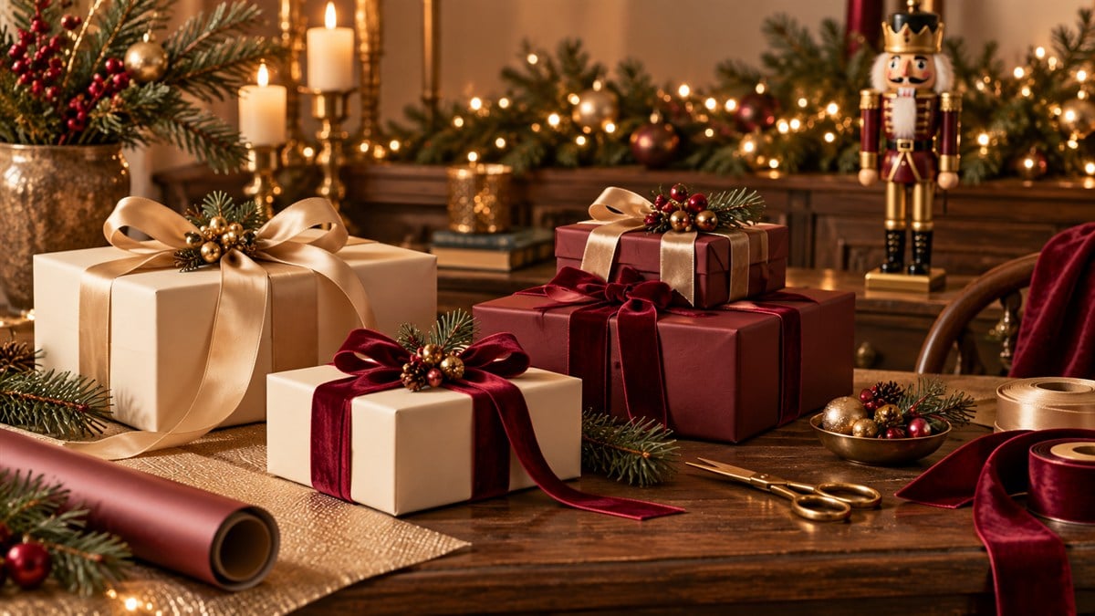 Bordo ve ekru hediye kutuları, altın kurdeleler ve fındıkkıran figürüyle yılbaşı köşesi — temsili illüstrasyon