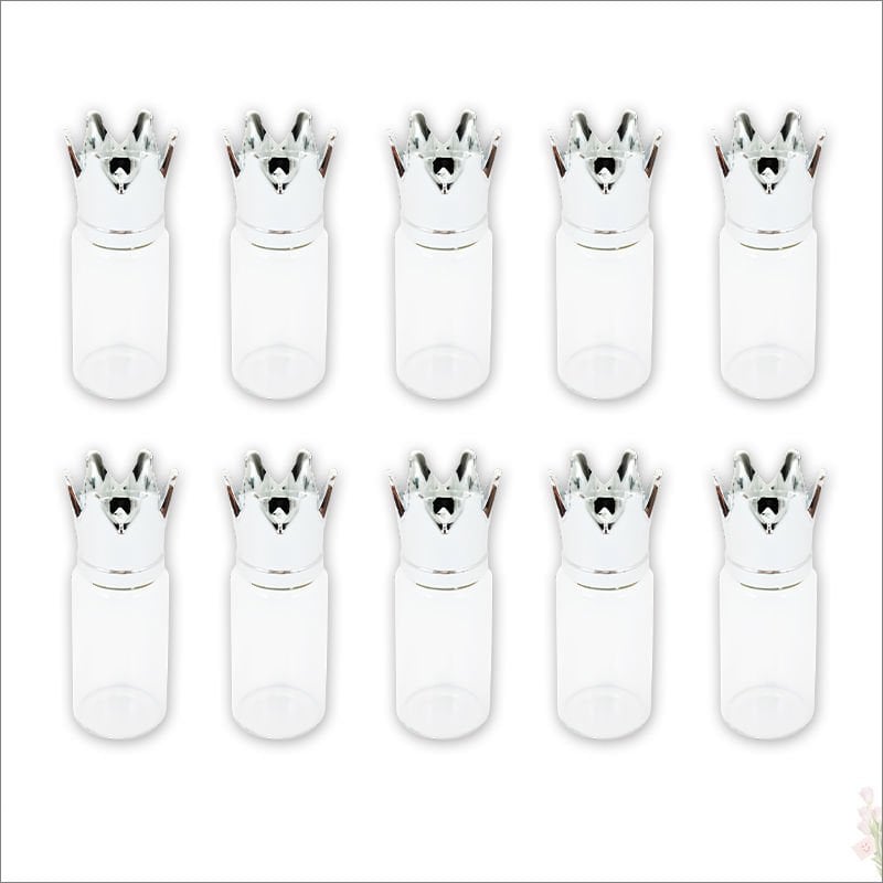 Cam Tüp Şişe 6,5cm x 2,2cm, Kral Tacı Gümüş Kapaklı-10 Adet