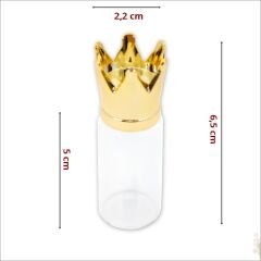 Cam Tüp Şişe 6,5cm x 2,2cm, Kral Tacı Altın Kapaklı-10 Adet