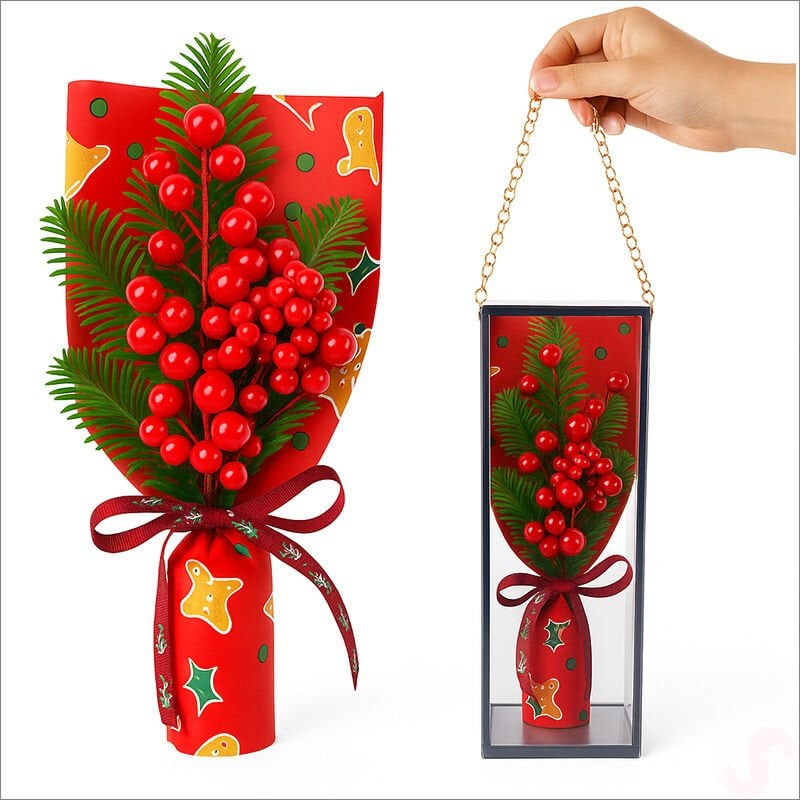 PVC Kutulu Kokinalı 26cm x 8,5cm Yılbaşı Buketi - Kırmızı