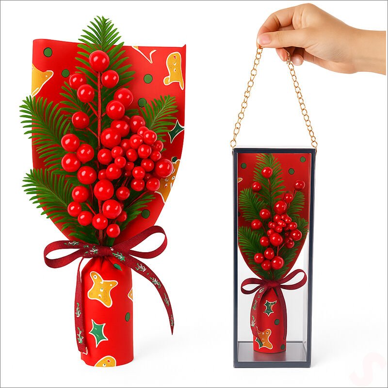 PVC Kutulu Kokinalı 26cm x 8,5cm Yılbaşı Buketi - Kırmızı