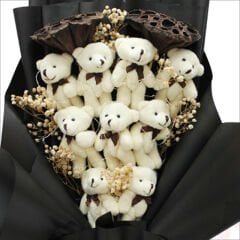 9 Pelüş Ayıcıklı, Kuru Çiçekli ve Led Işıklı Buket, 54x36cm