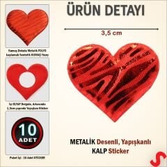 Yapışkanlı Kalp Sticker, 3,5 cm x 10 Adet - Kırmızı