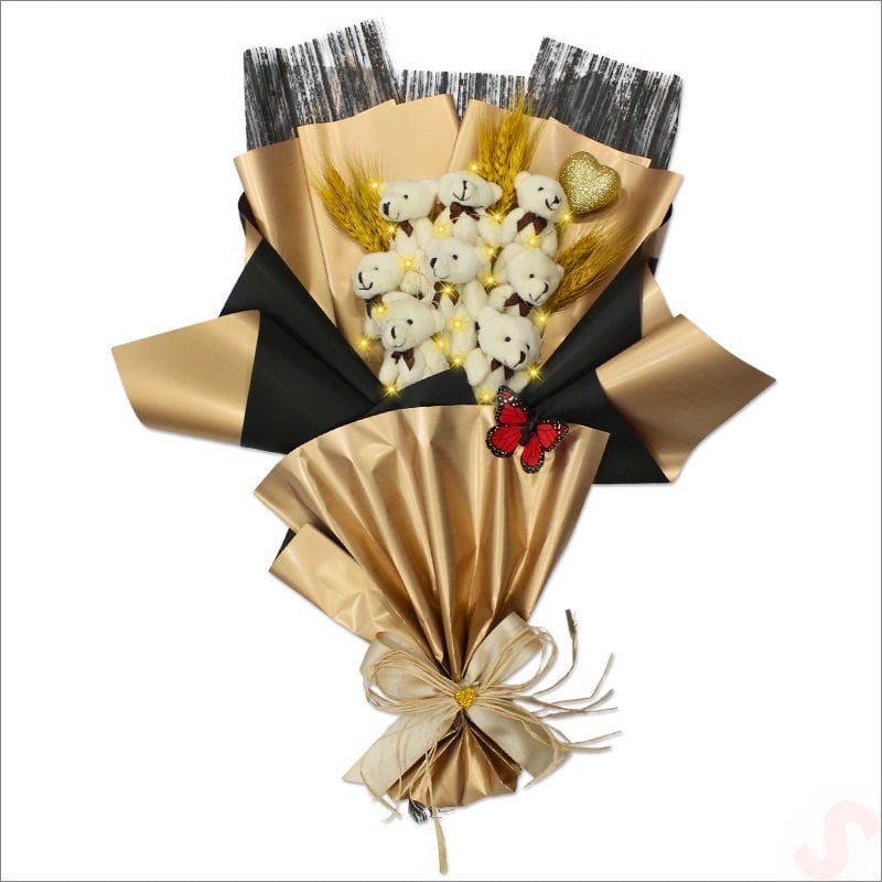 8 Pelüş Ayıcıklı, Kuru Çiçekli ve Led Işıklı Buket, 59x40cm