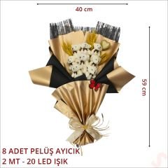 8 Pelüş Ayıcıklı, Kuru Çiçekli ve Led Işıklı Buket, 59x40cm