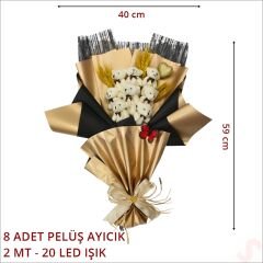 8 Pelüş Ayıcıklı, Kuru Çiçekli ve Led Işıklı Buket, 59x40cm