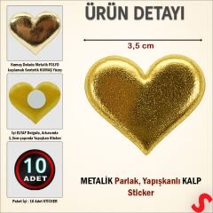 Yapışkanlı Kalp Sticker, 3,5 cm x 10 Adet - Altın