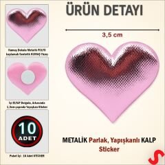 Yapışkanlı Kalp Sticker, 3,5 cm x 10 Adet - Pembe