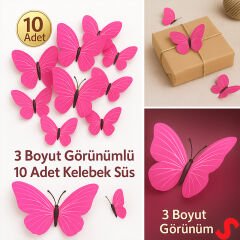 3D Baskılı PVC Kelebek SüS, 7,5 cm x 10 Adet - Pembe
