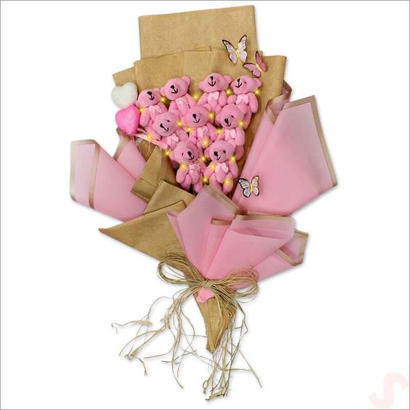 9 Pelüş Ayıcıklı ve Led Işıklı Buket, 57cm x 45cm - Pembe