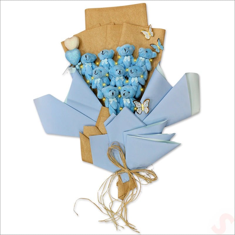 9 Pelüş Ayıcıklı ve Led Işıklı Buket, 57cm x 45cm - Mavi