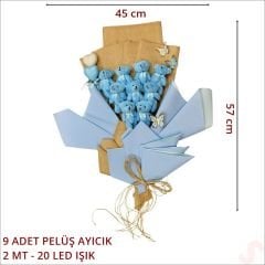 9 Pelüş Ayıcıklı ve Led Işıklı Buket, 57cm x 45cm - Mavi