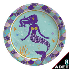 Pırıltılı Deniz Kızı Karton Tabak - 23cm x 8 Adet