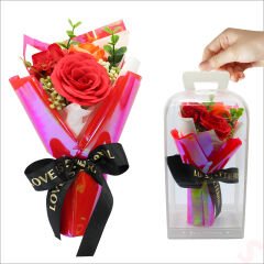 PVC Kutulu,Kırmızı Güllü Yapay Çiçek Buketi 25cmx13cm