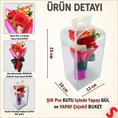 PVC Kutulu,Kırmızı Güllü Yapay Çiçek Buketi 25cmx13cm
