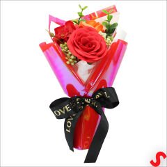 PVC Kutulu,Kırmızı Güllü Yapay Çiçek Buketi 25cmx13cm