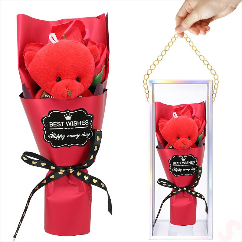 PVC Kutulu,Pelüş Ayıcıklı Yapay Güllü Mini Çiçek Buketi 26cmx8,5cm