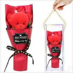 PVC Kutulu,Pelüş Ayıcıklı Yapay Güllü Mini Çiçek Buketi 26cmx8,5cm