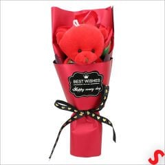 PVC Kutulu,Pelüş Ayıcıklı Yapay Güllü Mini Çiçek Buketi 26cmx8,5cm