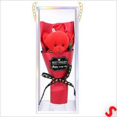 PVC Kutulu,Pelüş Ayıcıklı Yapay Güllü Mini Çiçek Buketi 26cmx8,5cm