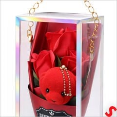 PVC Kutulu,Pelüş Ayıcıklı Yapay Güllü Mini Çiçek Buketi 26cmx8,5cm