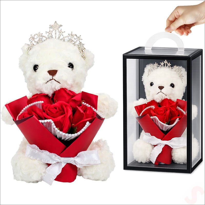 PVC Kutulu,Pelüş Ayıcıklı ve Metal Taçlı Çiçek Buketi 28cmx18cm