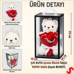 PVC Kutulu,Pelüş Ayıcıklı ve Metal Taçlı Çiçek Buketi 28cmx18cm