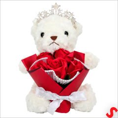 PVC Kutulu,Pelüş Ayıcıklı ve Metal Taçlı Çiçek Buketi 28cmx18cm