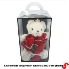 PVC Kutulu,Pelüş Ayıcıklı ve Metal Taçlı Çiçek Buketi 28cmx18cm