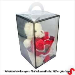 PVC Kutulu,Pelüş Ayıcıklı ve Metal Taçlı Çiçek Buketi 28cmx18cm