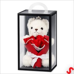 PVC Kutulu,Pelüş Ayıcıklı ve Metal Taçlı Çiçek Buketi 28cmx18cm