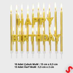 Altın Happy Birthday Harf Mum Seti – 23 Parça