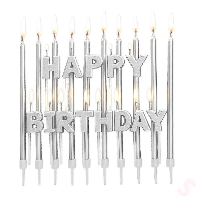 Gümüş Happy Birthday Harf Mum Seti – 23 Parça