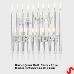 Gümüş Happy Birthday Harf Mum Seti – 23 Parça