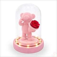 Solmayan Güllü Ayıcıklı LED Işıklı Cam Fanus - Pembe
