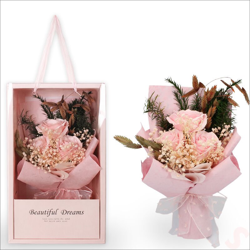 Premium Kutu İçinde 3 Güllü Yapay Çiçek Buketi - Pembe