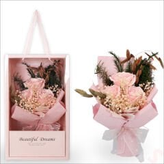 Premium Kutu İçinde 3 Güllü Yapay Çiçek Buketi - Pembe