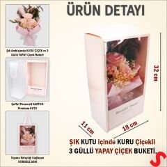 Premium Kutu İçinde 3 Güllü Yapay Çiçek Buketi - Pembe