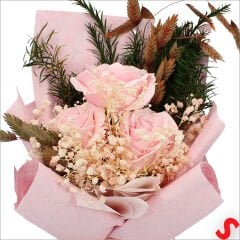 Premium Kutu İçinde 3 Güllü Yapay Çiçek Buketi - Pembe