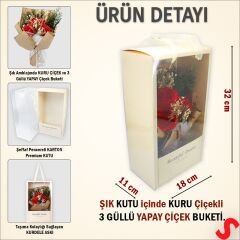 Premium Kutu İçinde 3 Güllü Yapay Çiçek Buketi - Kraft