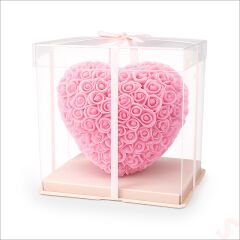 Şeffaf PVC Kutulu Pembe Yapay Güllü Kalp – 25 cm