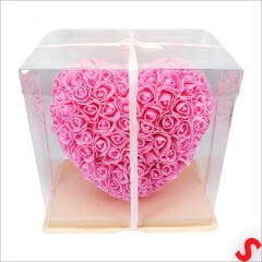 Şeffaf PVC Kutulu Pembe Yapay Güllü Kalp – 25 cm