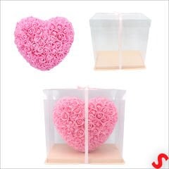 Şeffaf PVC Kutulu Pembe Yapay Güllü Kalp – 25 cm