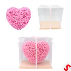 Şeffaf PVC Kutulu Pembe Yapay Güllü Kalp – 25 cm