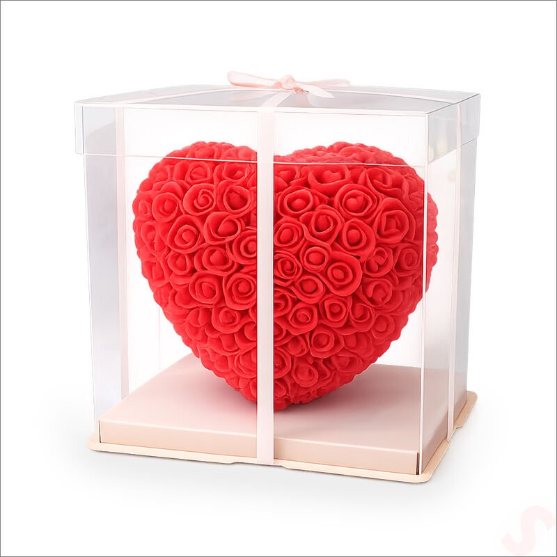 Şeffaf PVC Kutulu Kırmızı Yapay Güllü Kalp – 25 cm