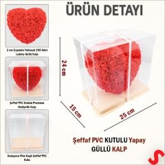 Şeffaf PVC Kutulu Kırmızı Yapay Güllü Kalp – 25 cm
