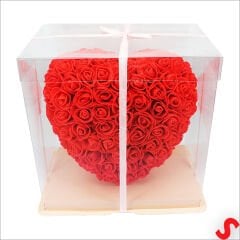 Şeffaf PVC Kutulu Kırmızı Yapay Güllü Kalp – 25 cm
