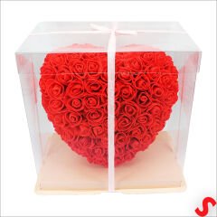 Şeffaf PVC Kutulu Kırmızı Yapay Güllü Kalp – 25 cm